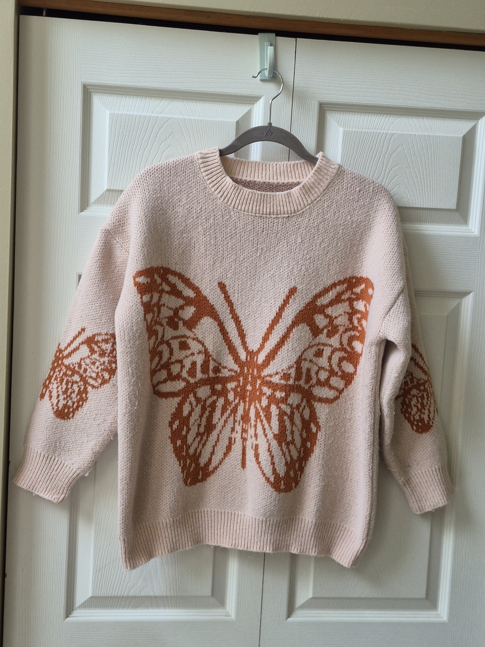 Tan Butterfly Knit Sweater - Casual Crewneck